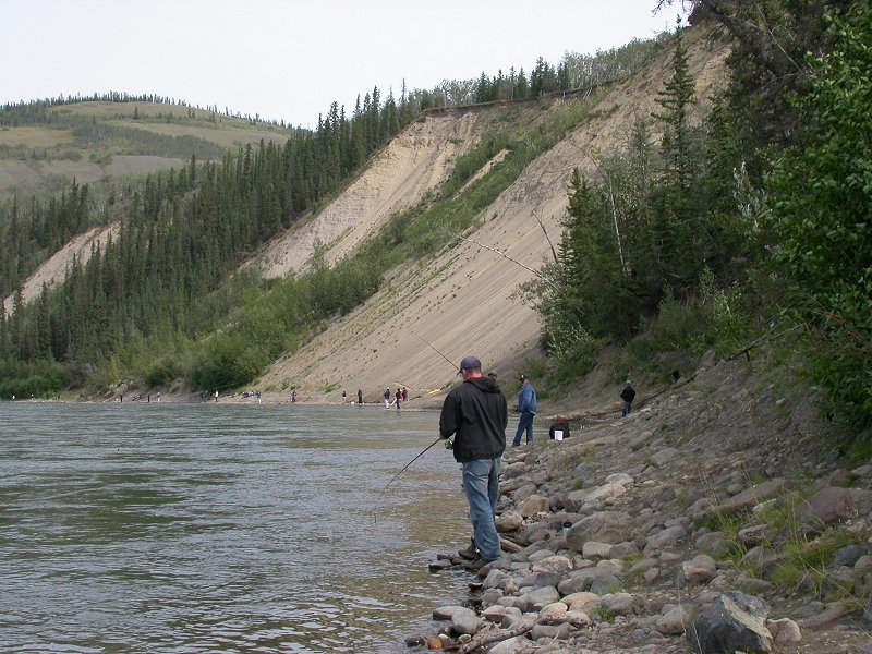 people fishing on the Yukon River alongside the highway between Whitehorse and 
Dawson City